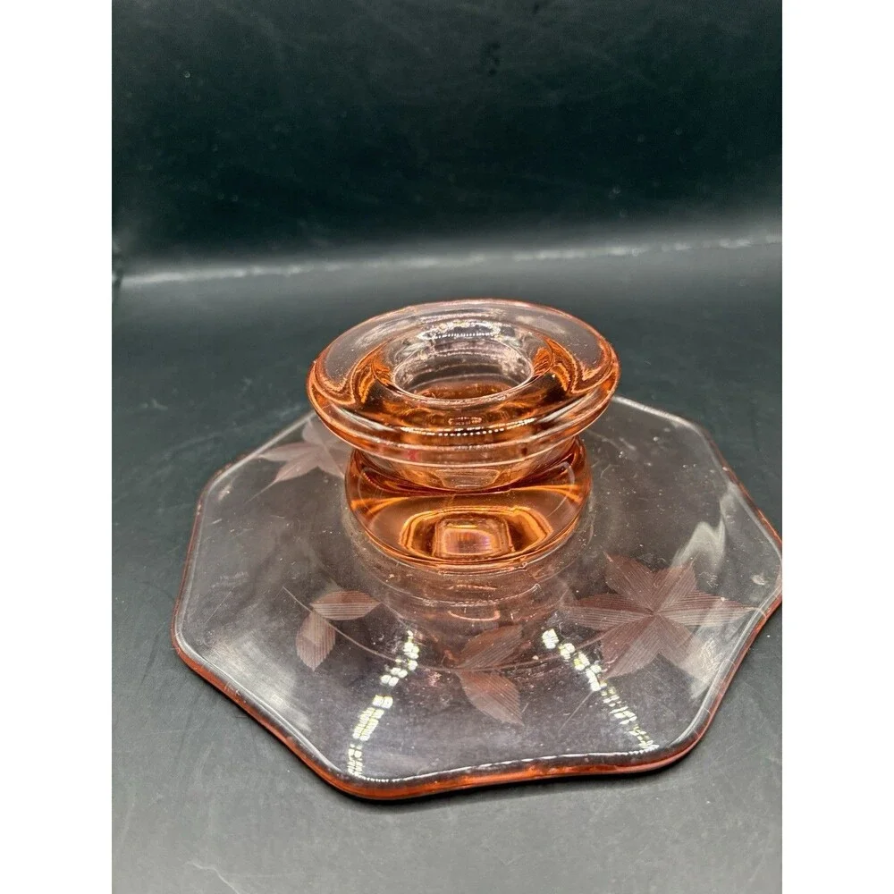 Vintage Pink Depression Glass Pillar Candle Holder Etched Floral Design